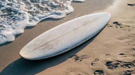 A blank surfboard resting on a sandy beach.