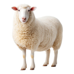 Fototapeta premium Alert fluffy white sheep standing upright in a pasture with thick wool coat, isolated on transparent background