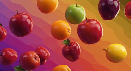 Floating Apples Oranges Lemon on Colorful Background