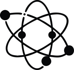 Black atom model showing orbiting electrons, on a white transparent background with simple design