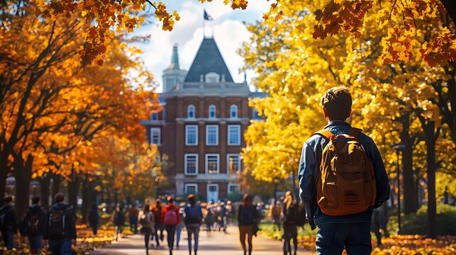 Student Walking Through Autumn Campus Toward Historic University Building Surrounded by Fall Foliage
