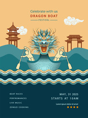 Festive poster celebrating The Double Fifth Festival. Dragon Boat Festival Vector illustration. Dragon boat with rowers, pagoda, clouds and decorative elements in Chinese style