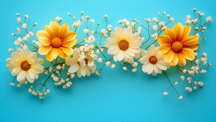 Obraz premium Beautiful arrangement of dahlia flowers and gypsophila against a vibrant blue background