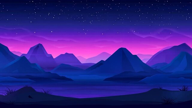 Vibrant purple and blue mountain range at twilight under a starry sky