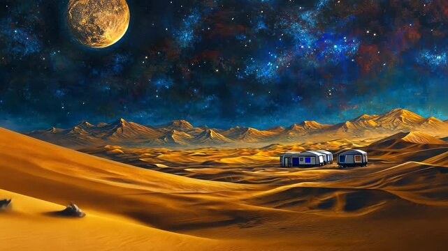 Futuristic lunar base under starry night sky with moving rovers across deserted martianlike terrain