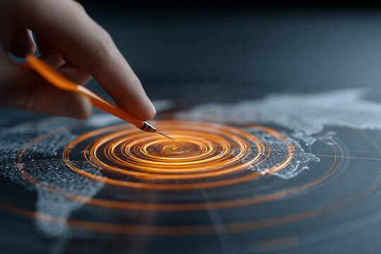 Hand using stylus, creating glowing orange concentric circles on a world map display.  Illustrates global connection, innovation, or data visualization