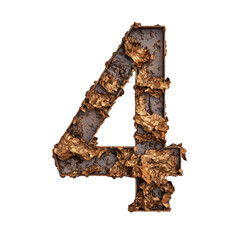 Creative numeral four made of crumbled chocolate with rough edges and textured surface on white background