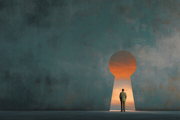 Man in suit stands before large keyhole-shaped opening revealing sunset, symbolizing opportunity and new beginnings, showcasing potential and future possibilities