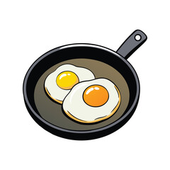 Fried egg in black skillet vector illustration. Breakfast food cooking concept, hot frying pan, sunny side up egg artwork.