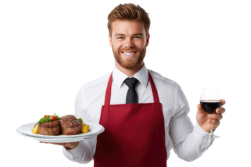 Smiling Waiter with Steak and Wine: A friendly waiter presents a delicious-looking steak dish and a glass of red wine, offering a visual invitation to fine dining.