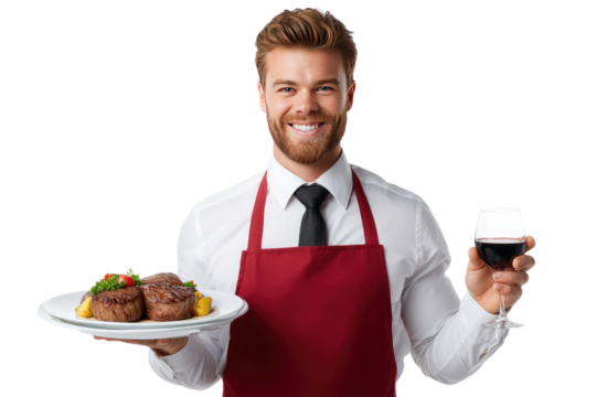 Smiling Waiter with Steak and Wine: A friendly waiter presents a delicious-looking steak dish and a glass of red wine, offering a visual invitation to fine dining.