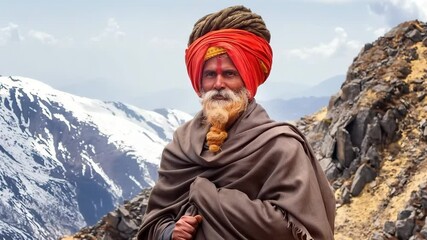 Animated photo of Sadhu man, with traditional painted face, is staying in national park Langtang on Gosaikunda trekking route. Nepal. 4K, motion. For holidays and travel, tourist advertising