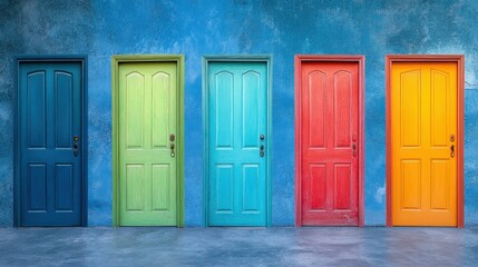 Row of five colorful doors in orange, blue, green, yellow, and red against a blue wall. Choice concept