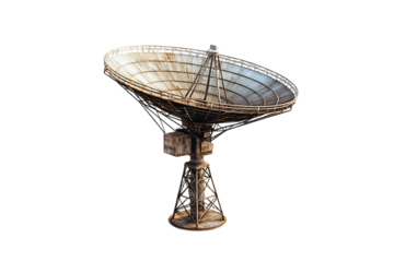 Old rusty satellite dish antenna against a stark transparent background, showcasing its weathered texture and structural details.