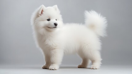 Fototapeta premium Adorable fluffy white Samoyed puppy standing on a neutral background, looking curious and playful 