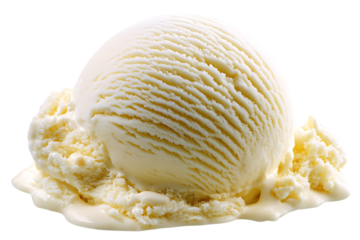 Scoop of creamy vanilla ice cream melting on a transparent background shows a cold dessert with delicious texture.