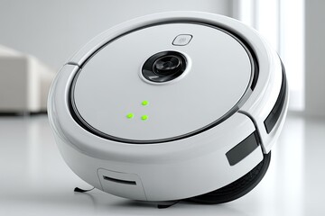 Modern, white, round robot vacuum cleaner on a light-colored floor.  Features a camera, sensors, and cleaning attachments