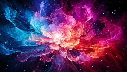 A flower-shaped nebula glows in rich hues of pink, blue, and purple across the galaxy