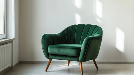A green velvet armchair with wooden legs stands alone against a white backdrop as part of a furniture collection
