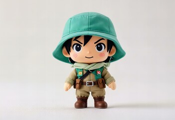 Featuring Minimalist chibi mountain ranger character design, full body, isolated on white background