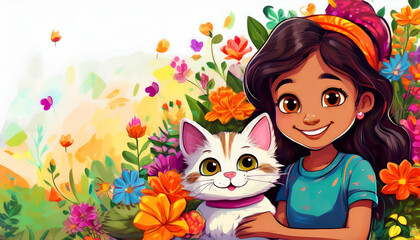 A cheerful girl holds a cat amidst a vibrant flower garden.
