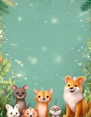 Naklejka premium A cheerful illustration of adorable cartoon animals surrounded by greenery.