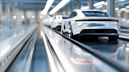 Obraz premium Sleek white electric cars on a modern assembly line in a high-tech automotive facility