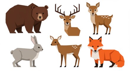 Geometric illustrations of various forest animals on a white background