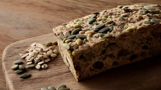 Close-up shot of homemade multigrain bread with mix of green and white seeds on a cutting board for healthy eating concept on kitchen background