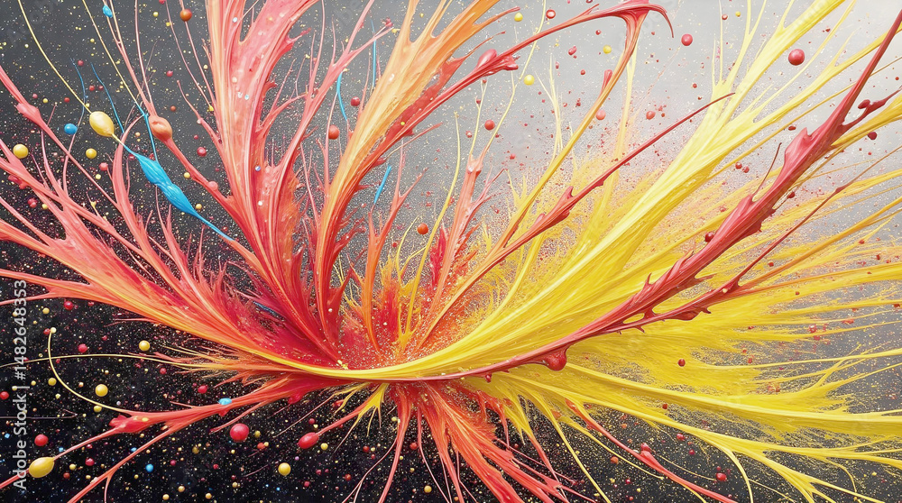 Poster a dynamic explosion of vibrant red, orange, and yellow paint streaks across a speckled dark backgrou