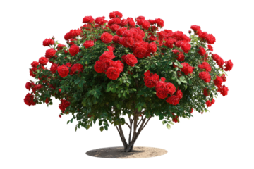 Red Rose Bush: A vibrant bush erupts in a blaze of fiery red roses, showcasing nature's beauty, perfect for any occasion. The lush green foliage complements the intense blooms.