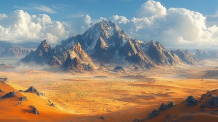 Naklejka premium Vast desert landscape with majestic snow-capped mountains. Sunrise or sunset light bathes the scene in warm hues