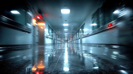 Serene Hospital Corridor, tranquil atmosphere highlighting a busy environment, soft lighting, blurred figures in motion indicating a sense of urgency amid calm surroundings