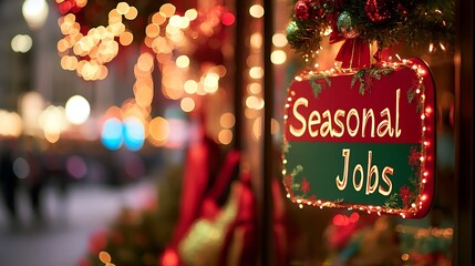 Holiday Season Job Advertisement Sign on Storefront with Christmas Decorations and Festive Lights
