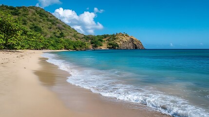 Obraz premium Tropical Sandy Beach with Clear Blue Water and Green Hills under Sunny Sky in Paradise Destination 