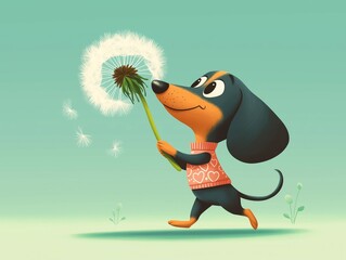 Cute cartoon dachshund holding dandelion puff with joyful smile. Concept of lightness, playful mood, and positive lifestyle illustration