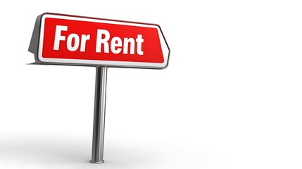 Red and White "For Rent" Sign on Metal Post Isolated on White Background for Real Estate or Leasing Concept
