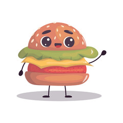 Happy Burger Character Mascot for Branding. Smiling burger mascot character with cute face and bright colors. Great for food branding, icons, and marketing visuals.

