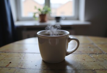 Morning Coffee Moment in a Cozy Home Office with Soft Natural Light