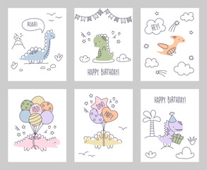 Set of birthday greeting cards with dinosaurs. Collection of greeting posters with animals, balloons and lettering. Dino party for kids. Children's posters with dinosaurs in scandinavian style. Doodle