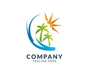 Tropical Island Logo with Palm Trees, Sun, and Ocean Waves