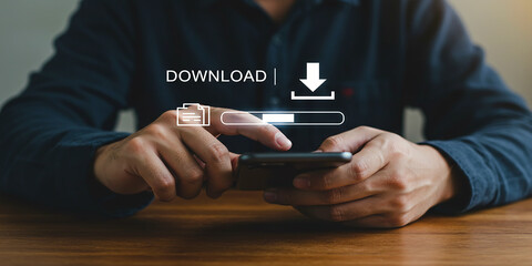 Person holding smartphone with download icon representing digital content software or file transfer