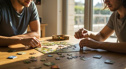 Fototapeta premium Two Individuals Engaged in Puzzle Assembly at a Sunlit Table in a Modern Living Space, Showcasing Cooperation and Leisure Activities