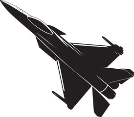 Silhouette illustration of modern fighter jet aircraft flying in angled upward direction with clean aerodynamic design