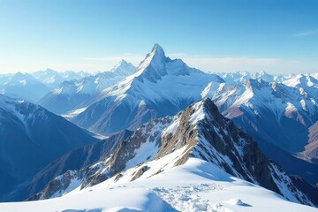 Summit view overlooking a vast, snow-capped mountain range, climb, mountain
