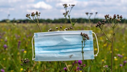 Symbolic representation of discarded mask in flower field suggesting end of pandemic