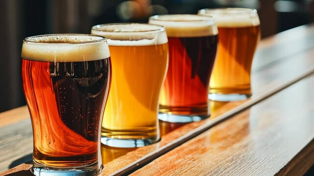 Warm sunlight illuminates a row of refreshing craft beers in various shades