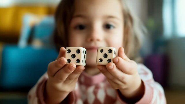 Child holding two dice while playing a board game, experiencing a joyful moment filled with fun and learning, developing strategic thinking and enjoying time with family indoors
