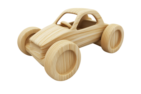 Handcrafted wooden toy car with visible wood grain isolated against a transparent background, viewed from a low angle perspective - Powered by Adobe