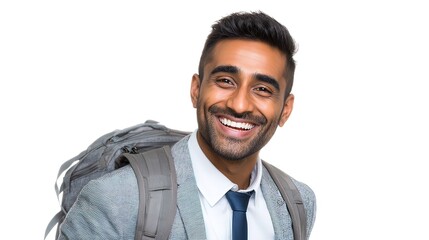 Cheerful Indian Man in Business Attire with Backpack Smiling Brightly